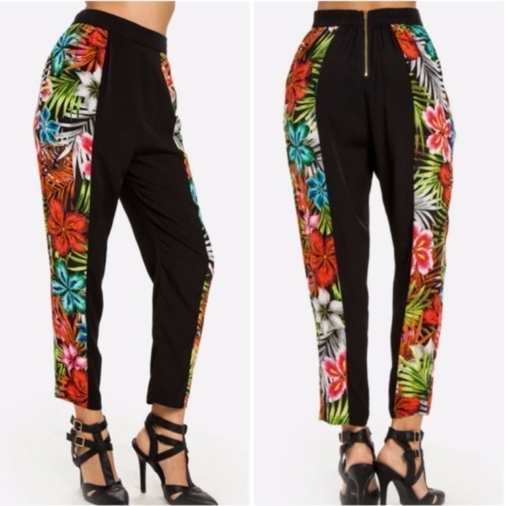 Line & Dot Silk High Waisted Black Tropical Rainbow Floral Pants S NWT
